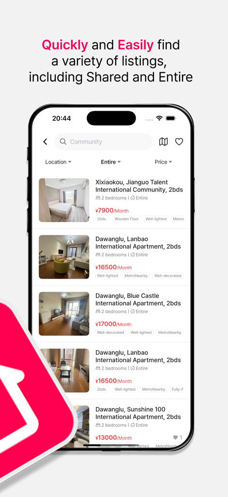 iStay 爱住 - iStay mobile app screen showing a list of apartment rental listings in China with prices and descriptions in English