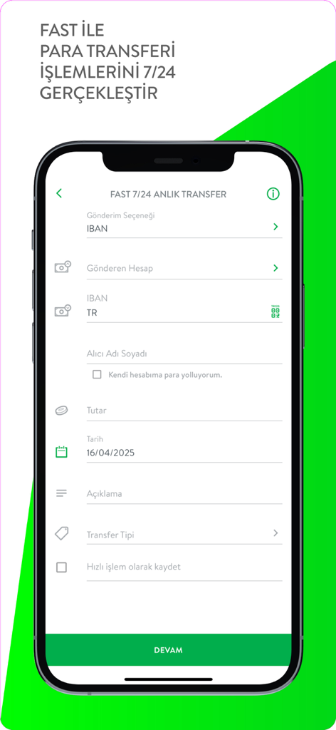CEPTETEB - CEPTETEB-Mobil-App-Oberfläche, die das FAST 24/7 Sofortüberweisungsformular mit Feldern für IBAN und Betrag zeigt