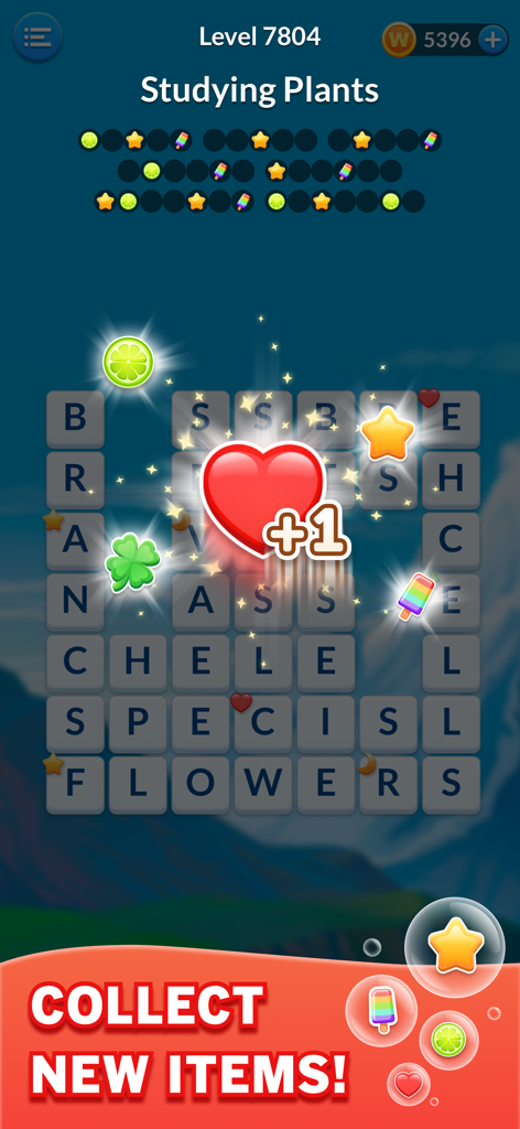 Word Blast: Search Puzzle Game - 단어 검색 그리드와 수집 가능한 보상 아이템을 보여주는 Word Blast 퍼즐 게임 인터페이스