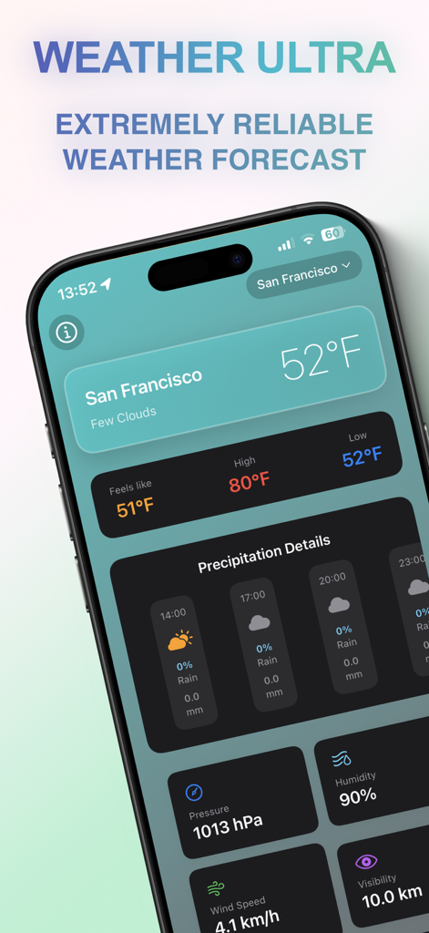 Dashboard of the Weather Forecast Ultra app showing temperature and precipitation details