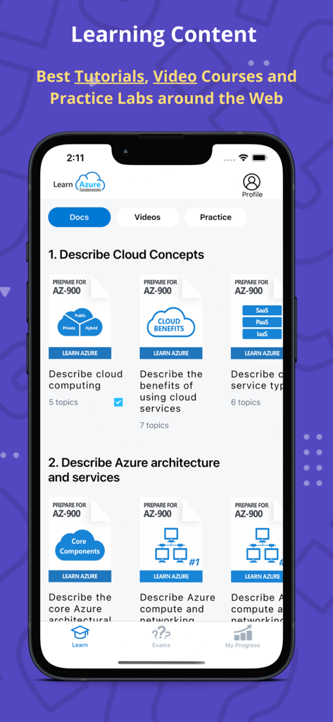 Interface de l'application Learn Azure montrant des modules de cours et des tutoriels organisés pour l'examen de certification AZ-900.
