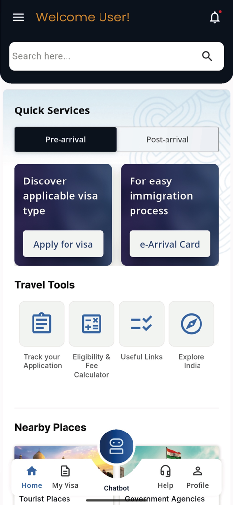 Home screen of the Indian Visa Su-Swagatam app showing quick services for visa applications and travel tools
