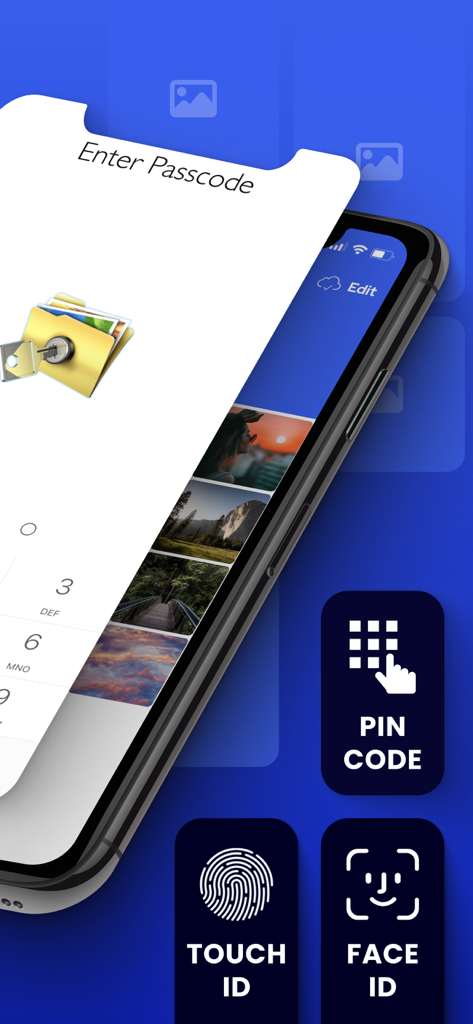 Private Photo Vault app screen displaying PIN code Touch ID and Face ID login options