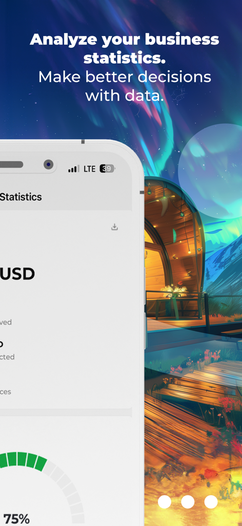 BedBooking booking calendar - BedBookingアプリのスクリーンショット。ビジネス統計ダッシュボードと財務データが表示されます。