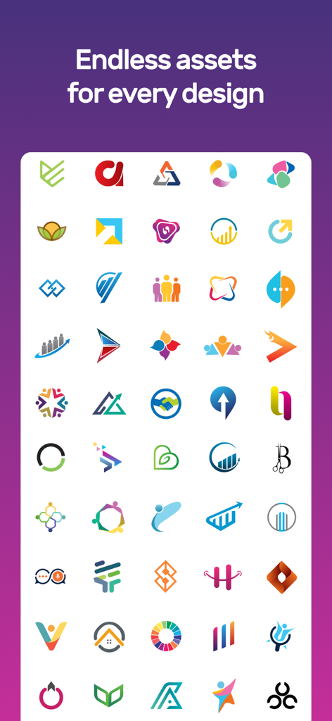 Logo Design Maker - Brand Shop - Una cuadrícula de varios símbolos e iconos de logos coloridos para branding empresarial