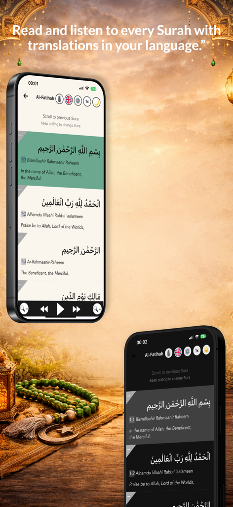 Quran & Qibla - Prayer Times - Two smartphones displaying the Quran app with Arabic text and English translations in light and dark mode.