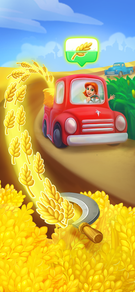 Une femme conduisant un camion rouge à travers un champ de blé doré dans le jeu Township