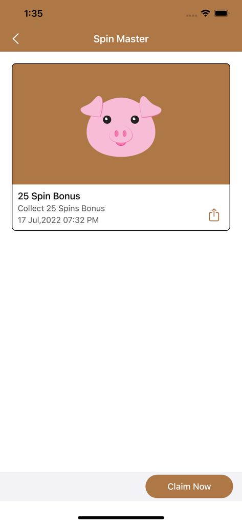 Captura de pantalla de la aplicación Spin Master que muestra una tarjeta de bono de 25 giros con un icono de cerdo y un botón de reclamar ahora