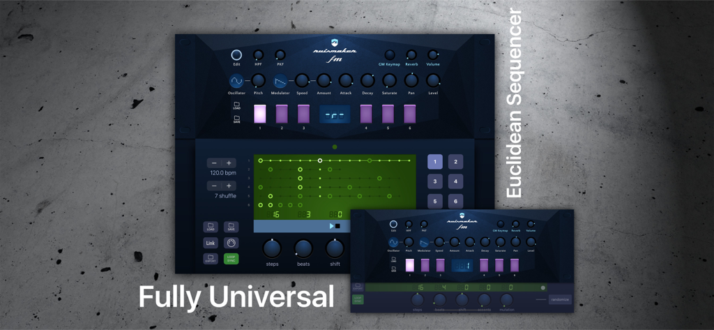 Interface de l'application de synthétiseur de batterie Ruismaker FM montrant le séquenceur euclidien et les commandes de synthèse de percussion.