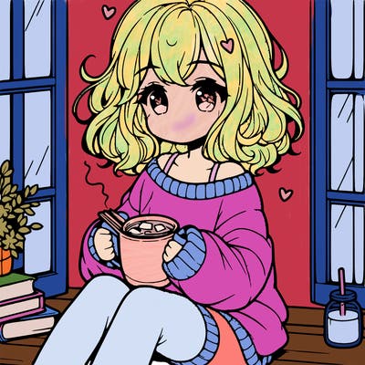 cute anime girl reading book and drinking hot chocolate from mug with loose wavy hair wearing a baggy sweatshirt and shorts sitting by windowsill looking out