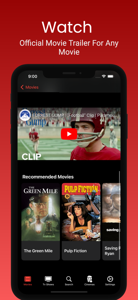 Bflix mobile app interface showing a movie trailer player and a list of recommended films like Pulp Fiction.