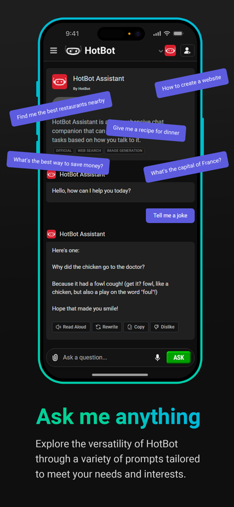 HotBot AI chat interface with example prompts for recipes websites and jokes