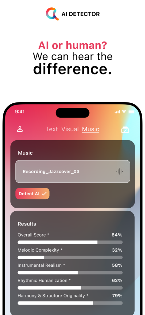 GPTZero: AI Detector Humanizer - Mobile app screen showing AI music detection analysis with authenticity scores for a jazz recording