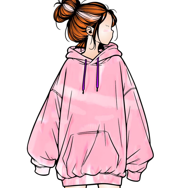 realistic girl with a oversized sweatshirt on and a bun