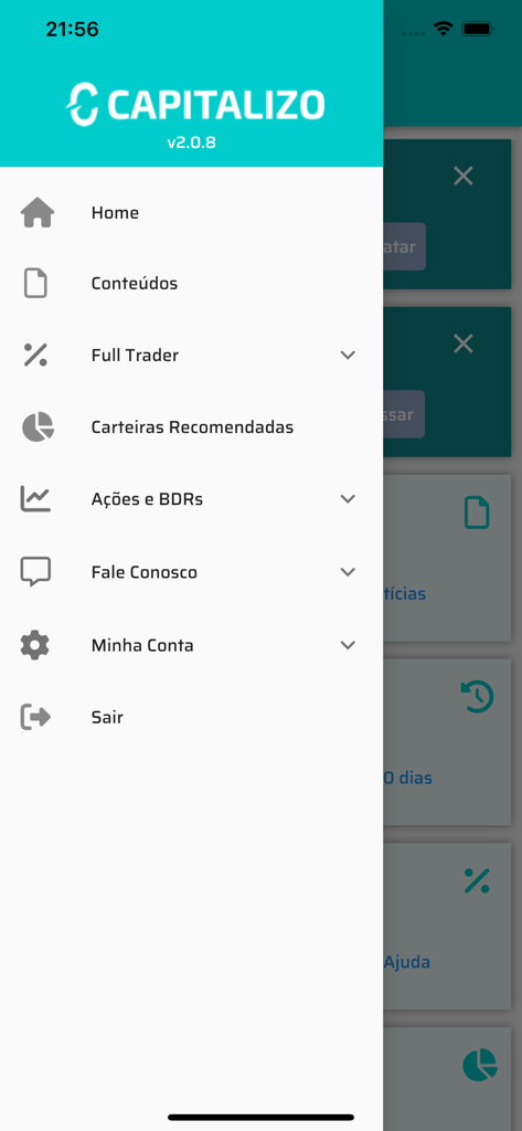 Menu de navegação lateral do aplicativo de consultoria financeira Capitalizo mostrando categorias de investimento e configurações do usuário