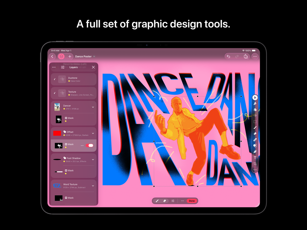 Pixelmator Pro app on iPad showing a dance poster design and the layers sidebar