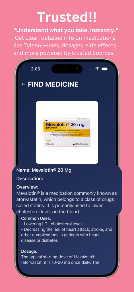 Medify:AI Medicine Identifier - Interfaz de la aplicación Medify mostrando detalles completos del medicamento, incluyendo usos y dosis de un medicamento identificado