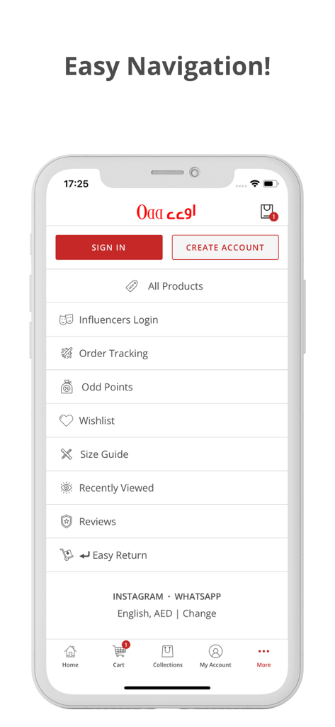 Miss Odd - Navigation menu of the Miss Odd shopping app displaying options like All Products, Wishlist, Order Tracking, and Size Guide