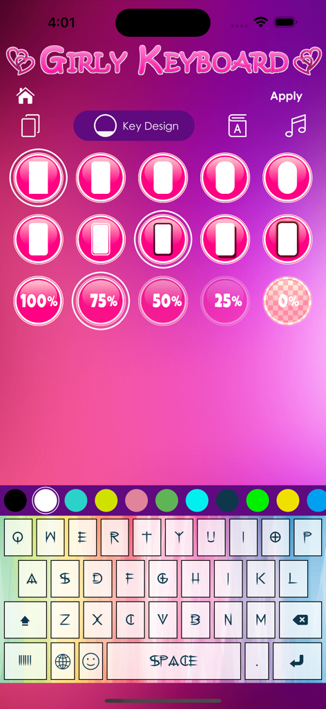 Cute Girly Keyboard Themes - Interface of the girly keyboard app showing different key shape designs and opacity settings in pink