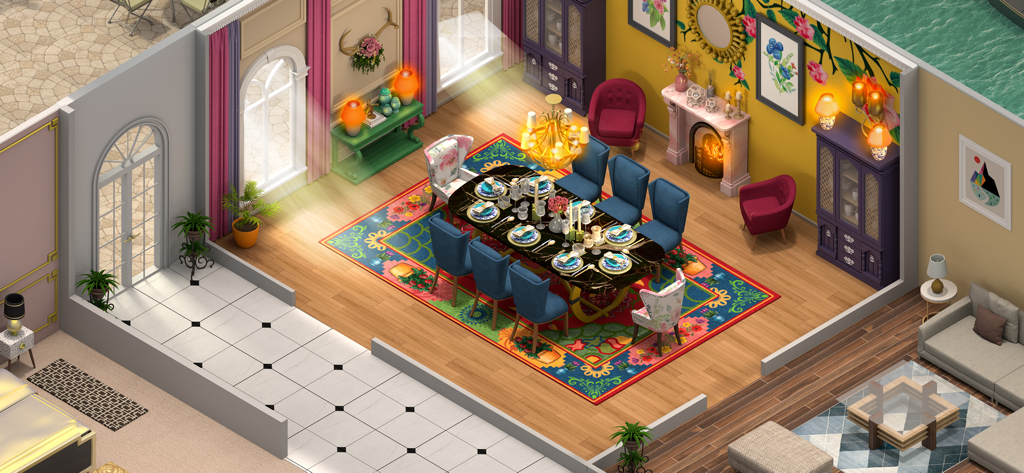 Roomflip: Design TV Show Game - An eclectic and colorful dining room makeover in Roomflip featuring a black marble table and vibrant floral wallpaper.