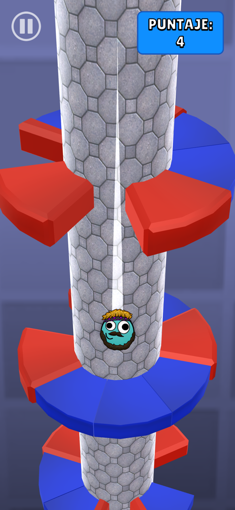 O personagem DOU em um minijogo estilo helix jump caindo por uma torre de pedra.