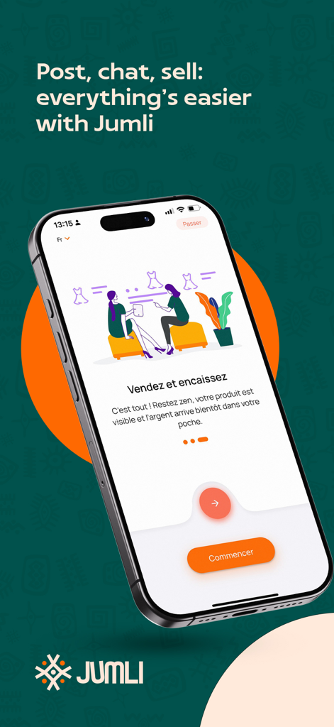 Jumli - Buy. Sell. Simple. - Jumli mobile app onboarding screen displaying the sell and get paid message in French.