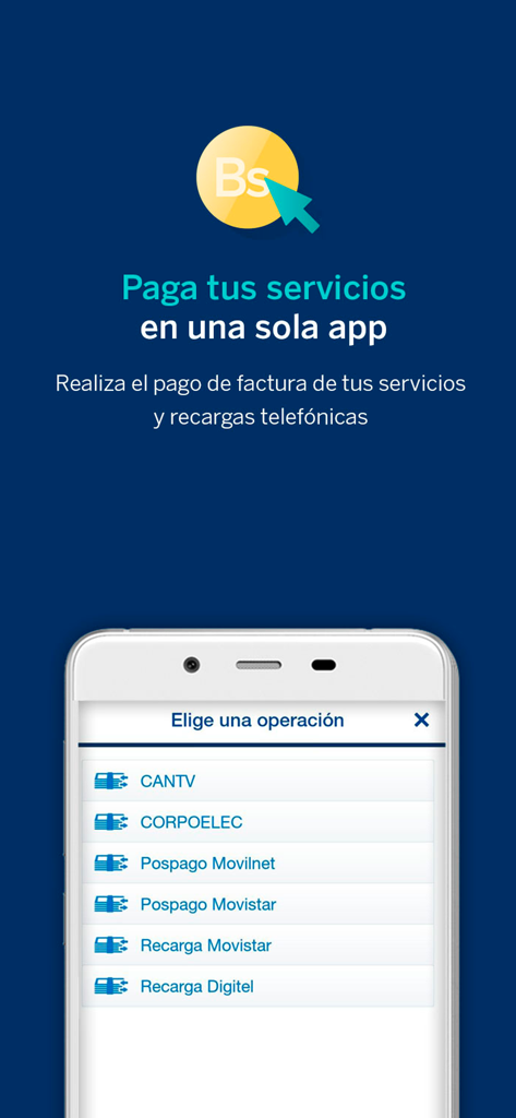 BBVA Provinet Móvil | VE - Capture d'écran de l'application BBVA Provinet Móvil affichant les options de paiement des factures de services publics telles que CANTV, CORPOELEC et les recharges de téléphone mobile