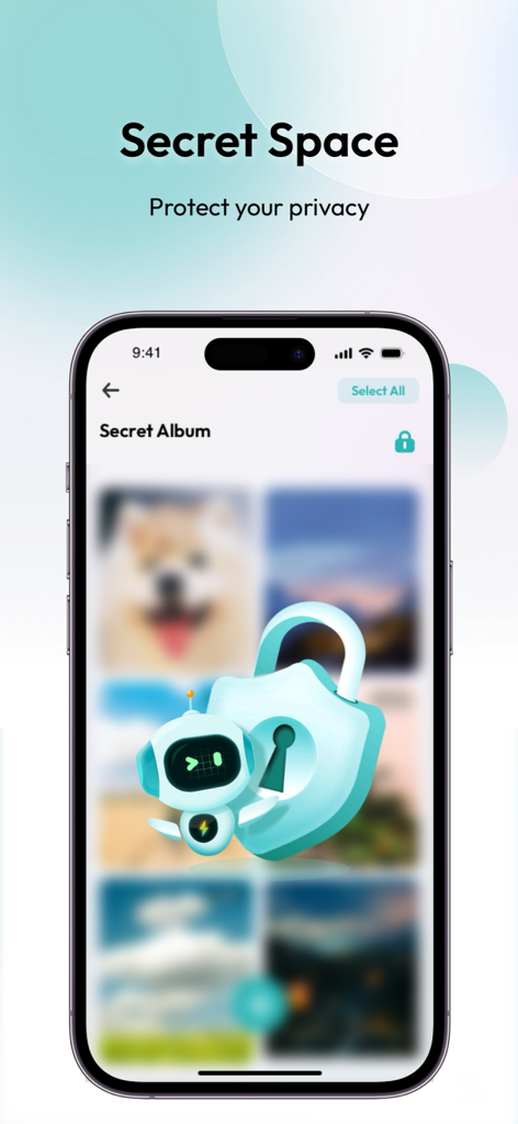 スマホ画面に、盾とロボットのアイコンでプライベート写真を保護するためのシークレットスペース機能が表示されている。
