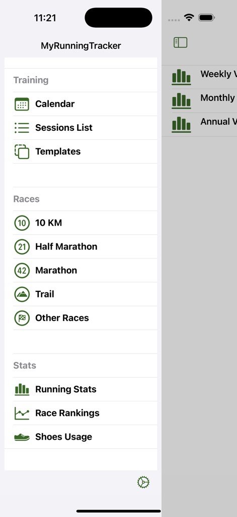 Hauptnavigationsmenü der Mein Lauftracker-App mit Trainings- und Rennübersicht.