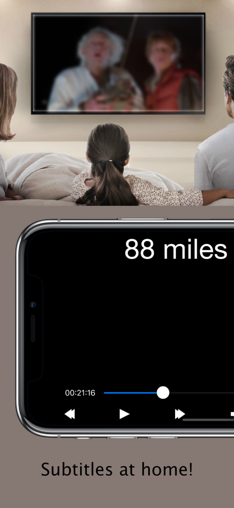 Subtitles Viewer! - Smartphone screen displaying subtitles synchronized with a movie playing on a home television.