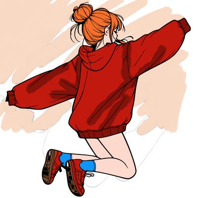 realistic girl jumping with a bun and oversized sweatshirt