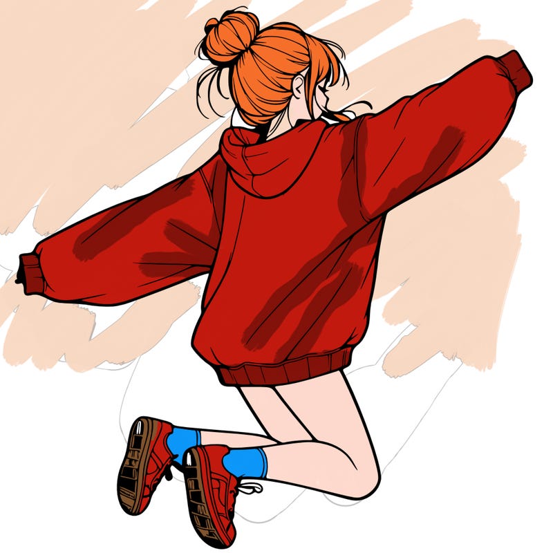 realistic girl jumping with a bun and oversized sweatshirt