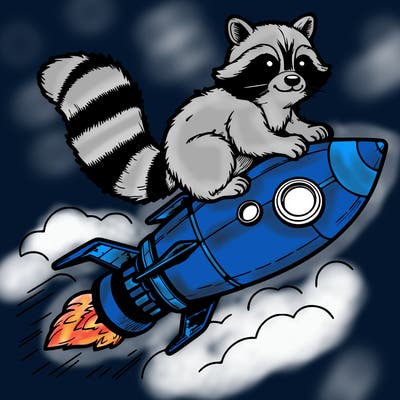 realistic raccoon flying on top rocket ship
