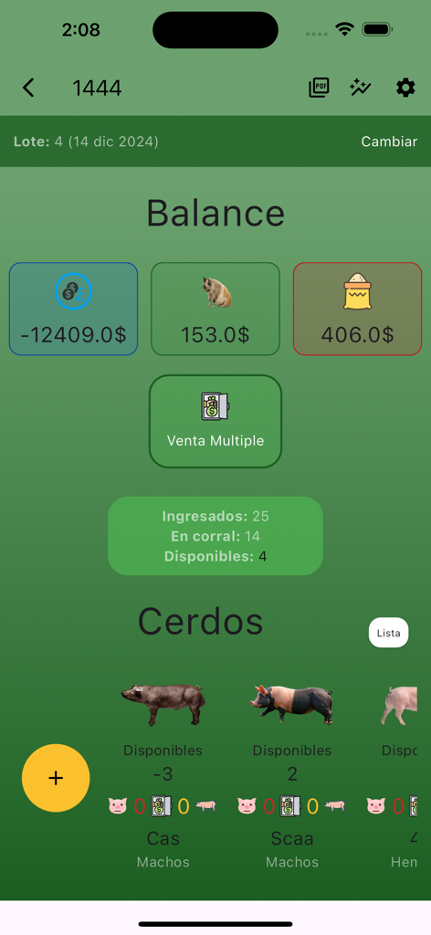 Porcicultor: Gestor de cerdos - Panel de control de la aplicación Porcicultor que muestra el balance financiero y el seguimiento del inventario de cerdos