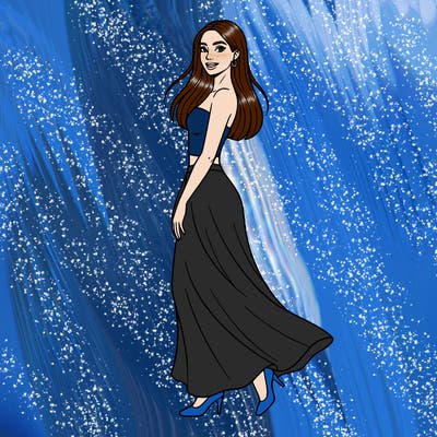 a pretty girl who has pin straight hair and is wearing a non cropped strapless shirt and is wearing a long flowy white skirt with it. she is wearing low heels. she is in a pretty pose. she has thin eyebrows and thick eyelashes. she is smiling. she is wearing small hoop earrings.