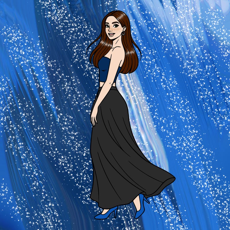 a pretty girl who has pin straight hair and is wearing a non cropped strapless shirt and is wearing a long flowy white skirt with it. she is wearing low heels. she is in a pretty pose. she has thin eyebrows and thick eyelashes. she is smiling. she is wearing small hoop earrings.