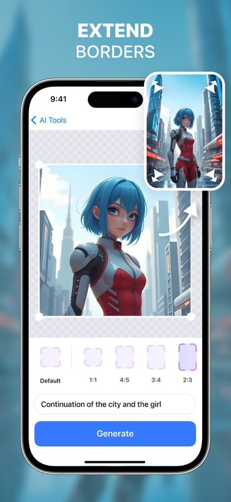 Monet AI - Fix Photo & Enhance - Interfaz de la aplicación Monet AI que demuestra la función Extender Bordes para expandir el fondo de una foto usando outpainting de IA
