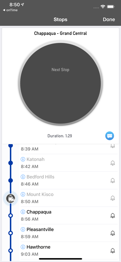 onTime : MNR - MetroNorth Rail - Screenshot of the onTime app showing the stop sequence and arrival times for a Metro North train route