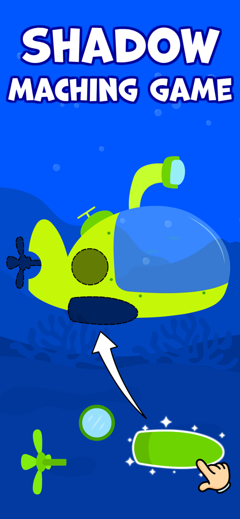 Un gioco educativo per bambini in cui i bambini abbinano parti di sottomarino alle loro ombre in una scena sottomarina