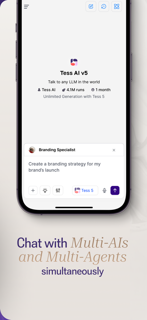 Tess AI - Tess AI mobile app interface showing a chat with a multi-agent branding specialist for a business strategy