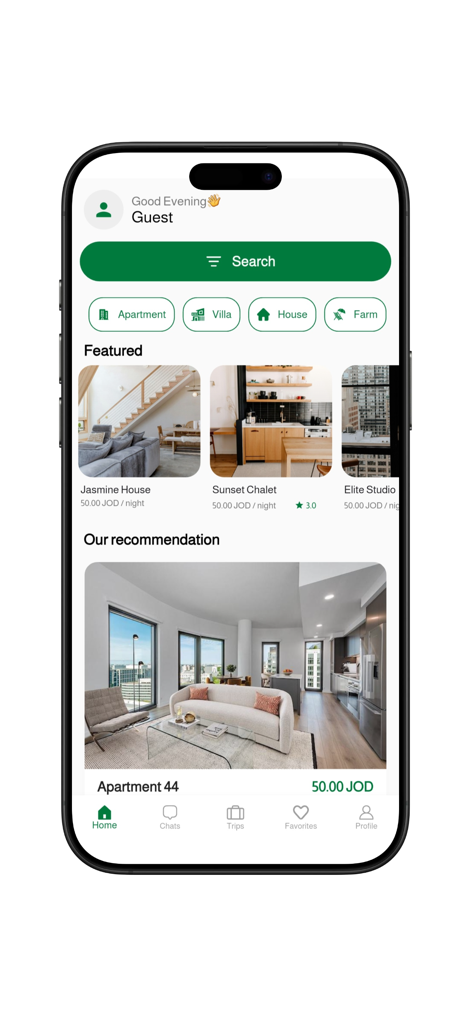 JRE : Hotel, Apartments - Home screen of JRE app showing property search and featured rental listings in Jordan