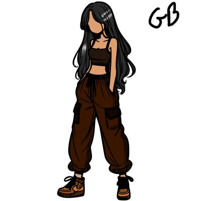 girl in baggy pants crop top and long hair