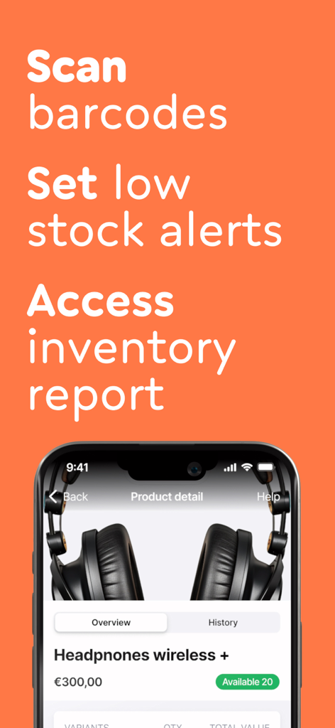 Smartphone screen showing product details in Billdu app with inventory stock alerts and barcode scanning features