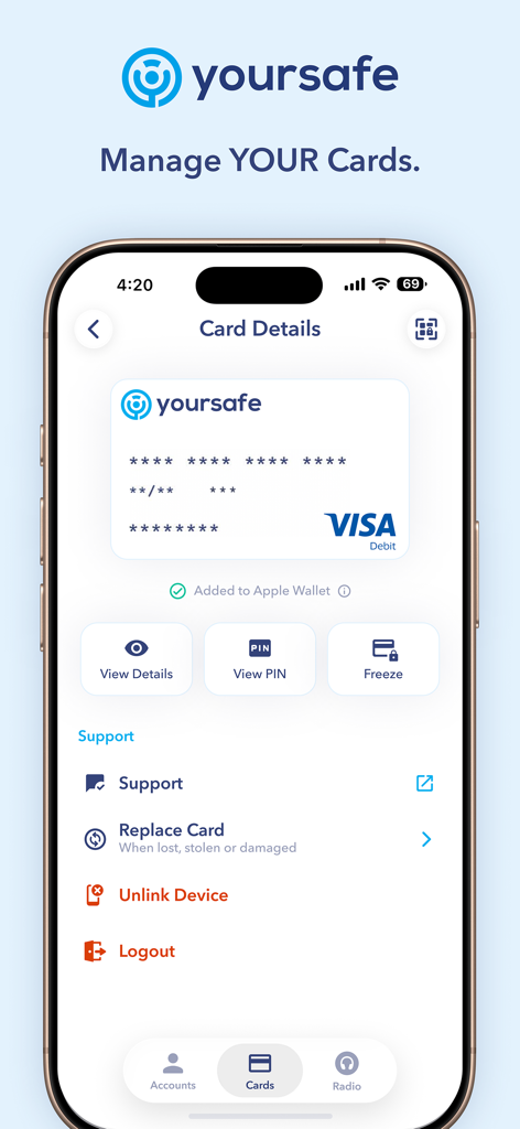 PIN 보기 및 카드 동결 옵션이 포함된 디지털 Visa Debit 카드 관리를 보여주는 Yoursafe 모바일 앱 화면