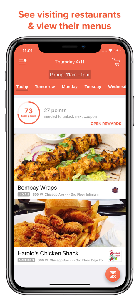 Captura de pantalla de la aplicación Fooda que muestra los restaurantes visitantes diarios y los puntos de recompensa para los empleados de la oficina