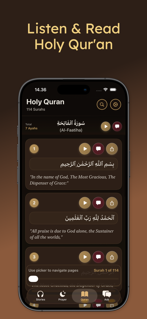 Qissah Stories Your AI Buddy - Mobile app interface showing Quran verses with English translation and audio playback options in Qissah app
