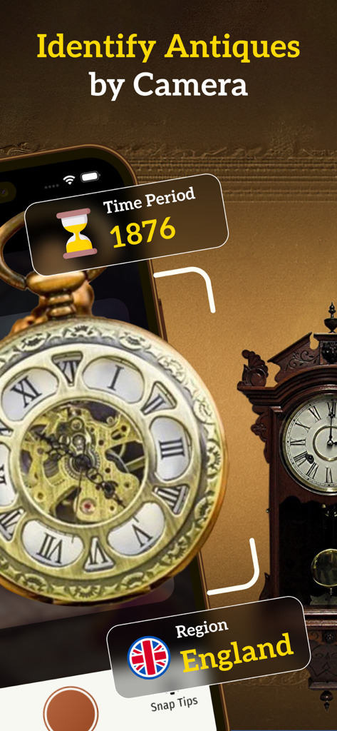 RelicSnap - Antique Identifier - Interface do aplicativo RelicSnap escaneando um relógio de bolso antigo para identificar sua origem da Inglaterra de 1876