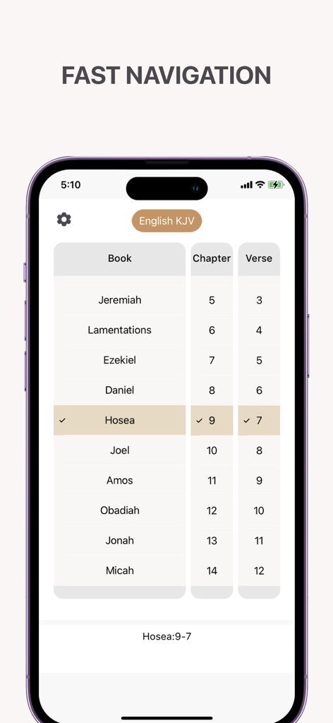 Interface of The Bible App showing fast navigation for selecting books chapters and verses in the English KJV version