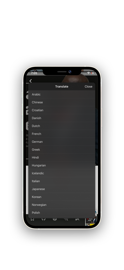 A list of multiple language options for article translation within the BW.News mobile app.