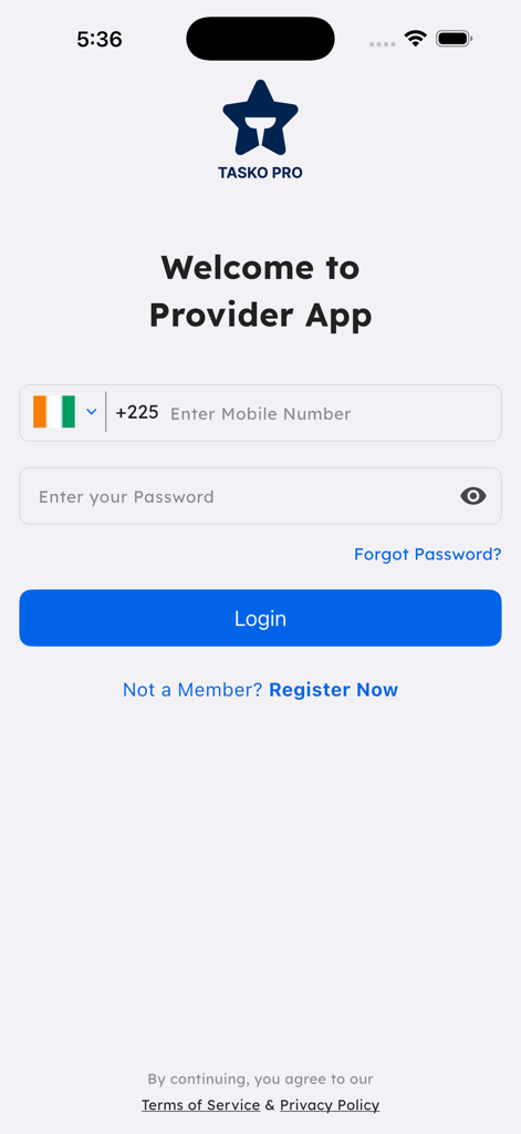 Tasko Pro - Pantalla de inicio de sesión para la aplicación de proveedor Tasko Pro con campos de entrada para número de móvil y contraseña.
